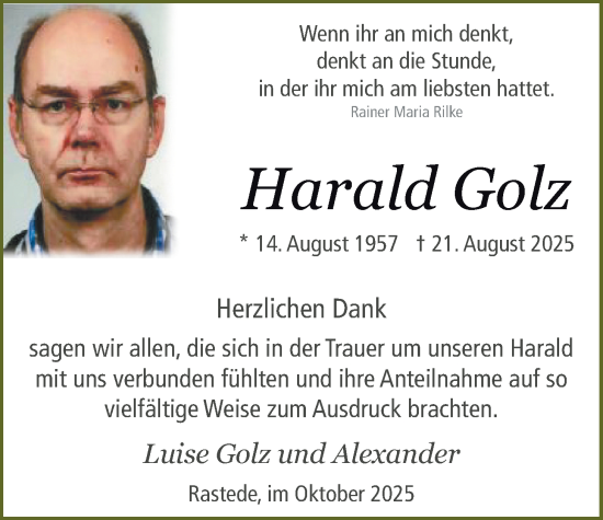 Traueranzeige von Harald Golz von Nordwest-Zeitung