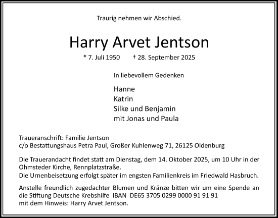 Traueranzeige von Harry Arvet Jentson von Nordwest-Zeitung