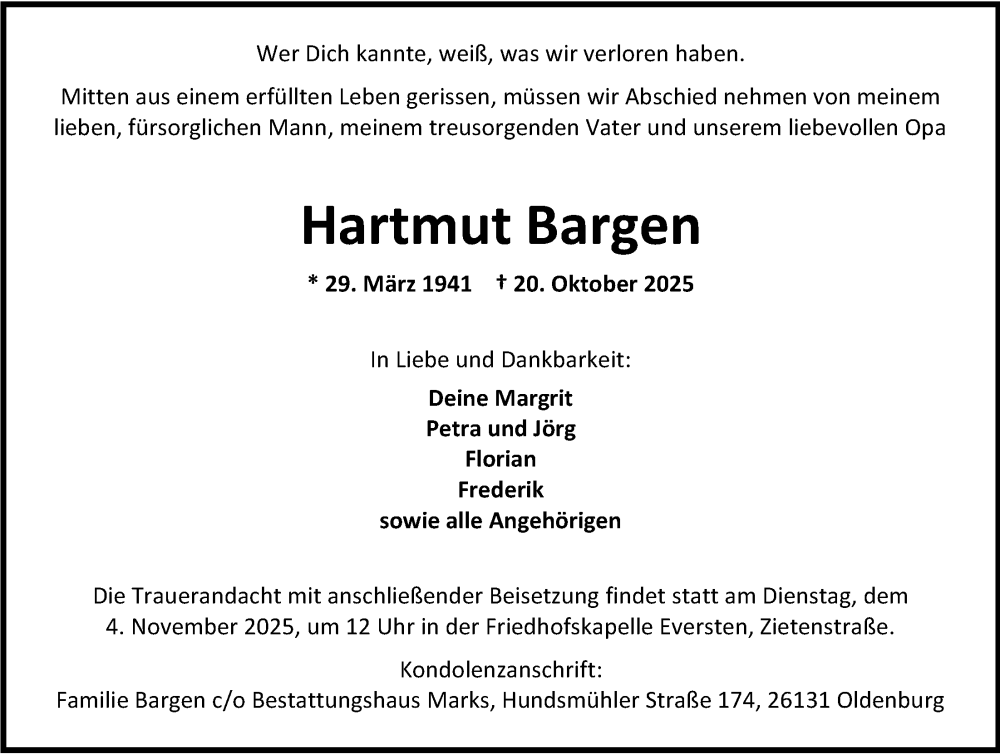  Traueranzeige für Hartmut Bargen vom 25.10.2025 aus Nordwest-Zeitung