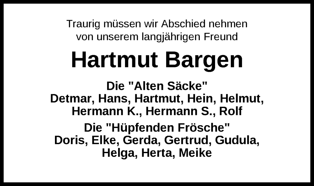  Traueranzeige für Hartmut Bargen vom 01.11.2025 aus Nordwest-Zeitung