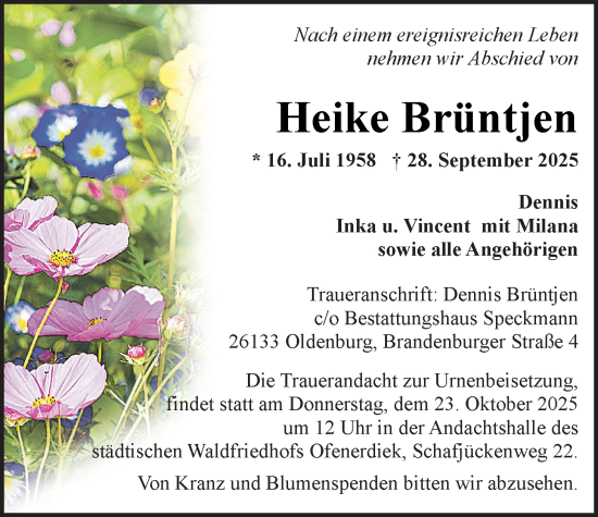 Traueranzeige von Heike Brüntjen von Nordwest-Zeitung