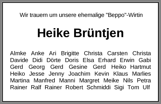 Traueranzeige von Heike Brüntjen von Nordwest-Zeitung