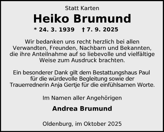 Traueranzeige von Heiko Brumund von Nordwest-Zeitung