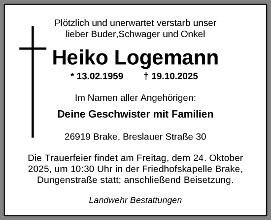 Traueranzeige von Heiko Logemann von Nordwest-Zeitung