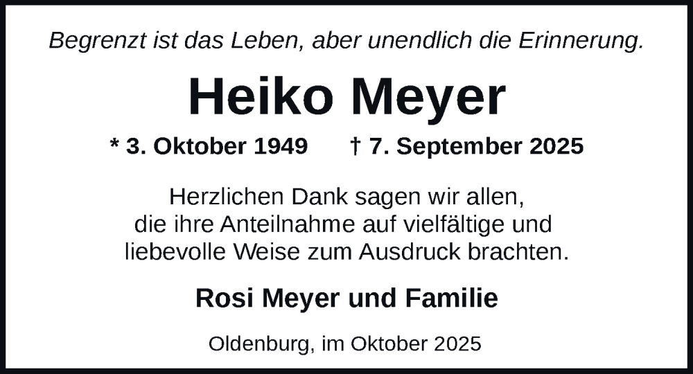  Traueranzeige für Heiko Meyer vom 04.10.2025 aus Nordwest-Zeitung