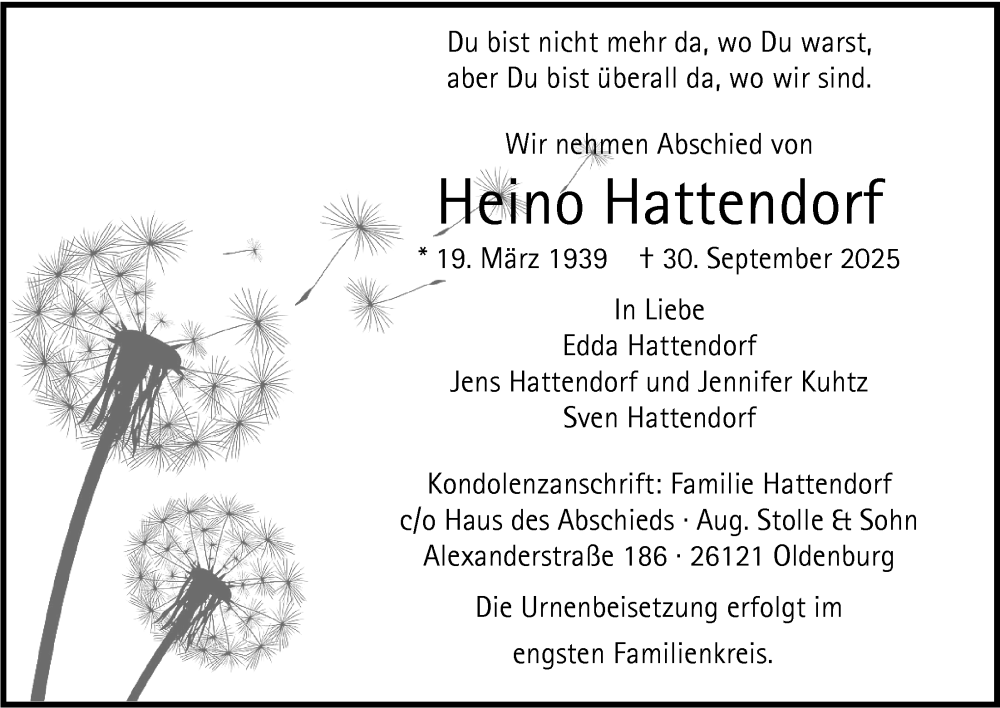  Traueranzeige für Heino Hattendorf vom 11.10.2025 aus Nordwest-Zeitung
