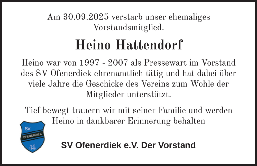  Traueranzeige für Heino Hattendorf vom 11.10.2025 aus Nordwest-Zeitung