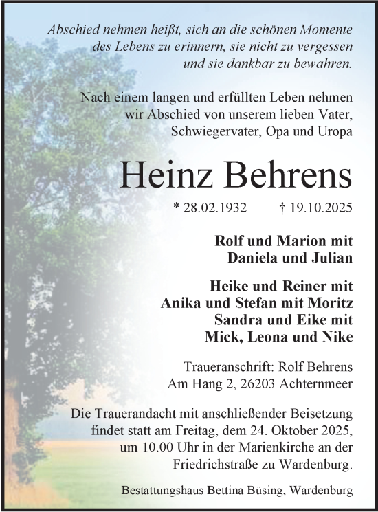 Traueranzeige von Heinz Behrens von Nordwest-Zeitung
