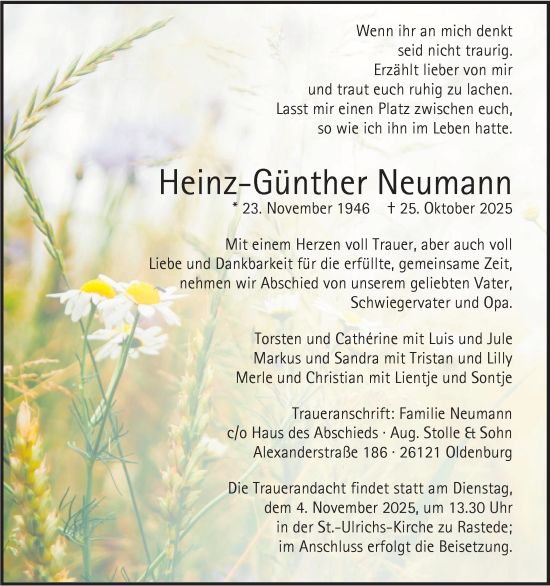 Traueranzeige von Heinz-Günther Neumann von Nordwest-Zeitung