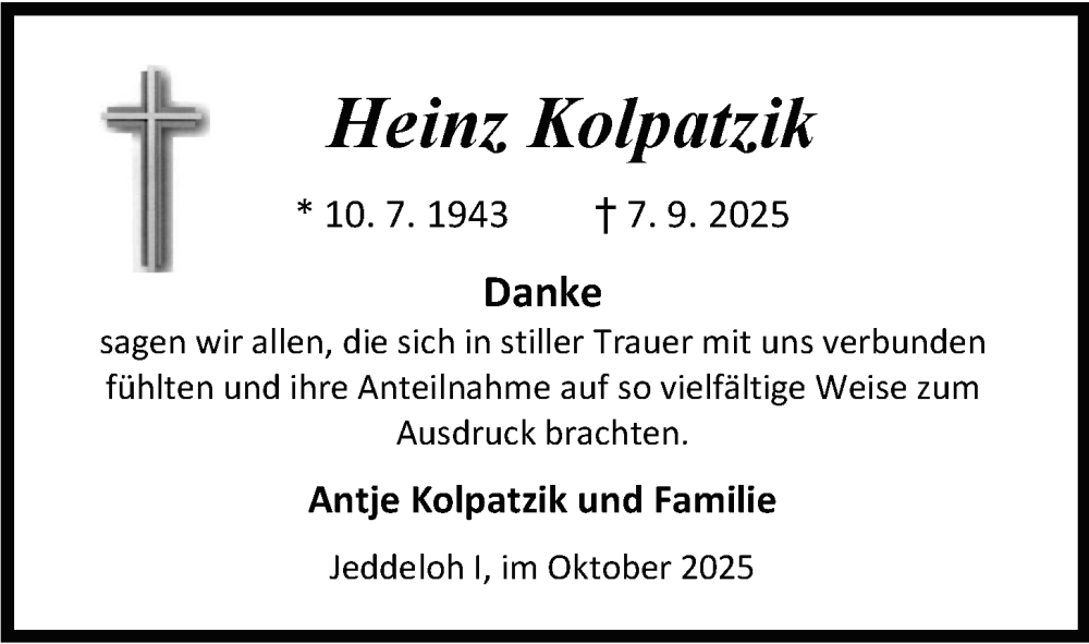  Traueranzeige für Heinz Kolpatzik vom 25.10.2025 aus Nordwest-Zeitung