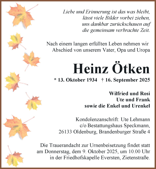 Traueranzeige von Heinz Ötken von Nordwest-Zeitung