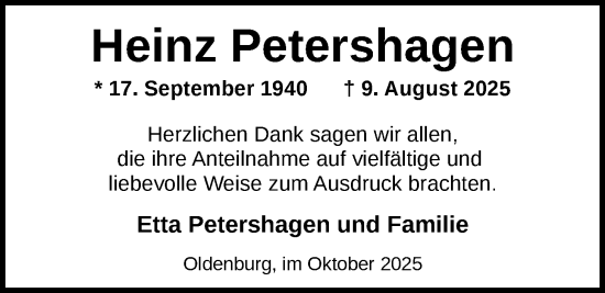 Traueranzeige von Heinz Petershagen von Nordwest-Zeitung