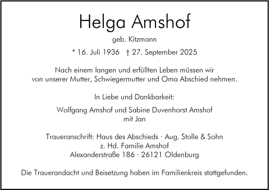 Traueranzeige von Helga Amshof von Nordwest-Zeitung