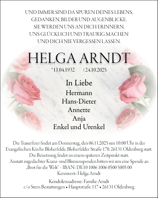 Traueranzeige von Helga Arndt von Nordwest-Zeitung