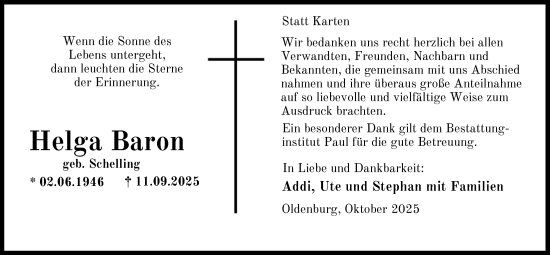 Traueranzeige von Helga Baron von Nordwest-Zeitung