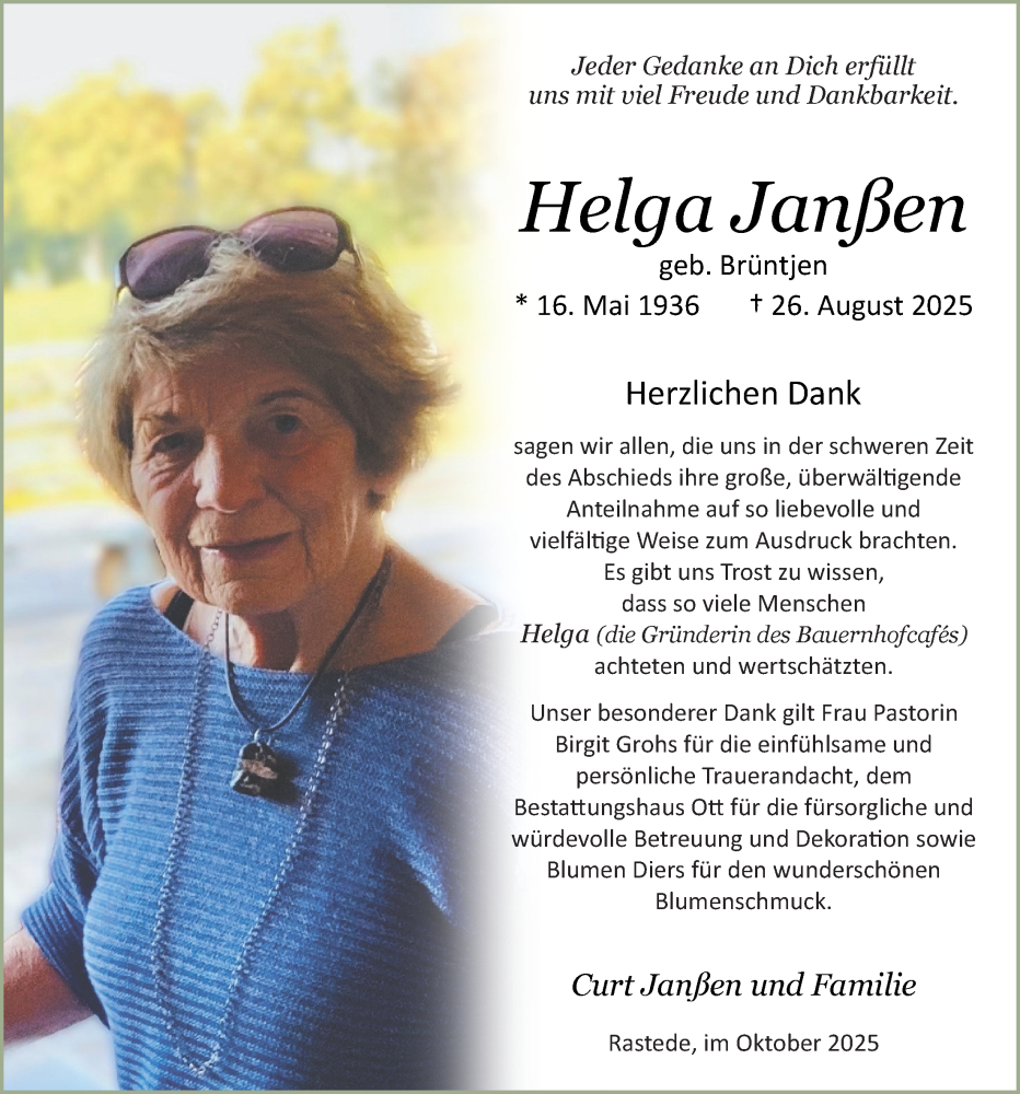  Traueranzeige für Helga Janßen vom 04.10.2025 aus Nordwest-Zeitung