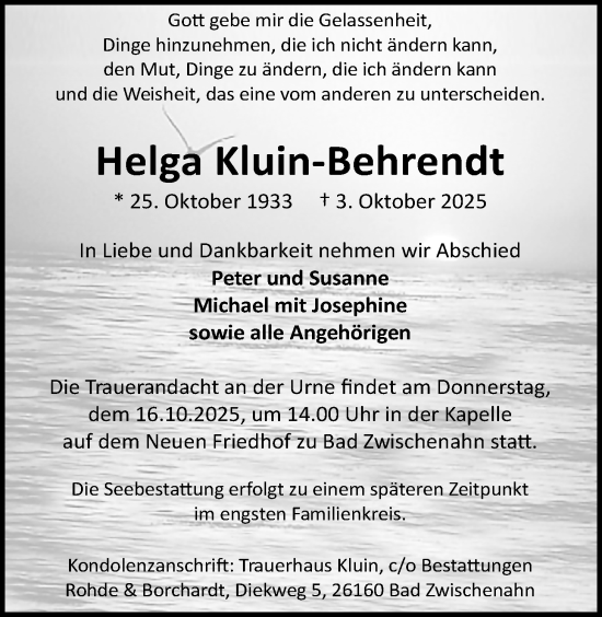 Traueranzeige von Helga Kluin-Behrendt von Nordwest-Zeitung