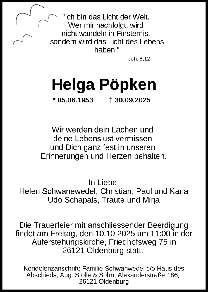  Traueranzeige für Helga Pöpken vom 04.10.2025 aus Nordwest-Zeitung