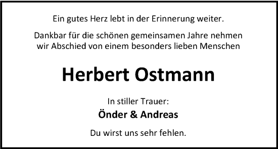Traueranzeige von Herbert Ostmann von Nordwest-Zeitung