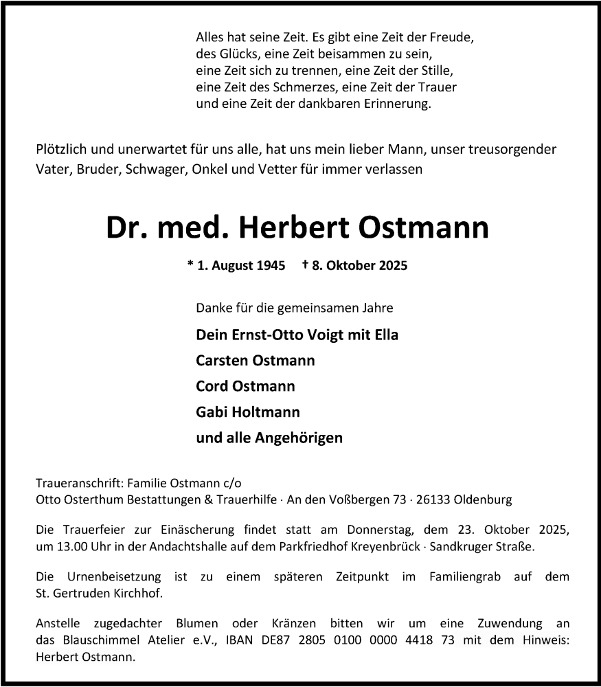  Traueranzeige für Herbert Ostmann vom 18.10.2025 aus Nordwest-Zeitung