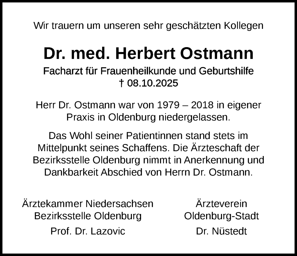  Traueranzeige für Herbert Ostmann vom 29.10.2025 aus Nordwest-Zeitung