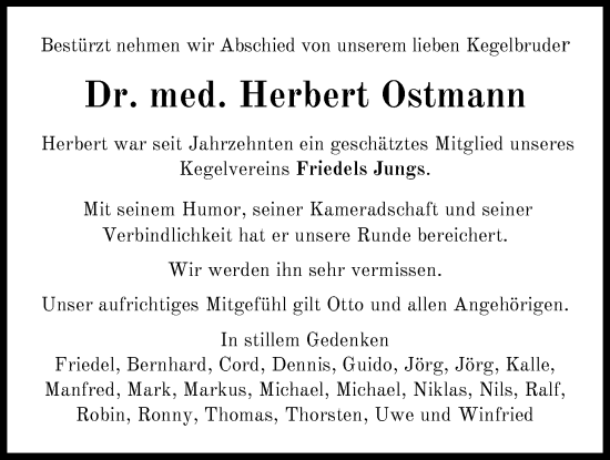 Traueranzeige von Herbert Ostmann von Nordwest-Zeitung