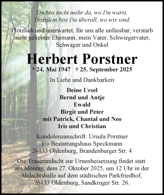 Traueranzeige von Herbert Porstner von Nordwest-Zeitung