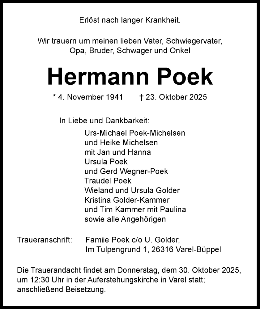  Traueranzeige für Hermann Poek vom 28.10.2025 aus Nordwest-Zeitung