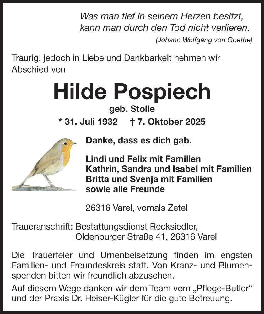  Traueranzeige für Hilde Pospiech vom 18.10.2025 aus Nordwest-Zeitung