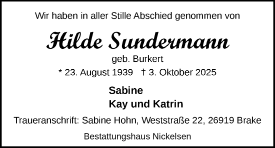 Traueranzeige von Hilde Sundermann von Nordwest-Zeitung