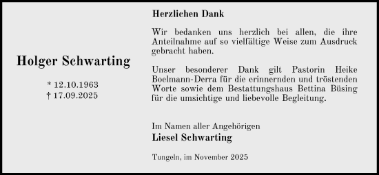 Traueranzeige von Holger Schwarting von Nordwest-Zeitung