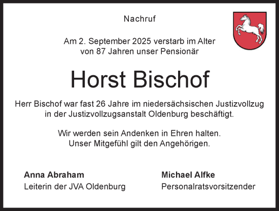 Traueranzeige von Horst Bischof von Nordwest-Zeitung