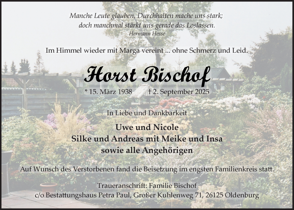  Traueranzeige für Horst Bischof vom 04.10.2025 aus Nordwest-Zeitung