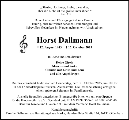 Traueranzeige von Horst Dallmann von Nordwest-Zeitung