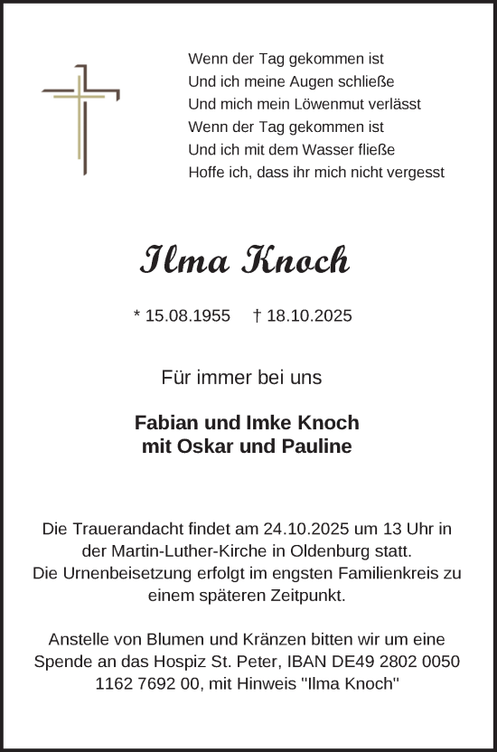 Traueranzeige von Ilma Knoch von Nordwest-Zeitung