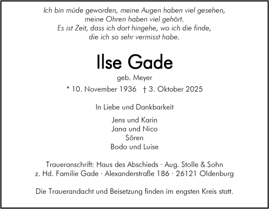Traueranzeige von Ilse Gade von Nordwest-Zeitung