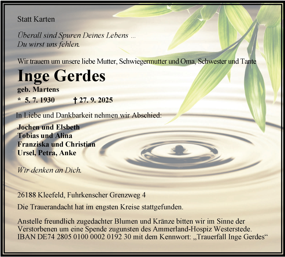  Traueranzeige für Inge Gerdes vom 07.10.2025 aus Nordwest-Zeitung