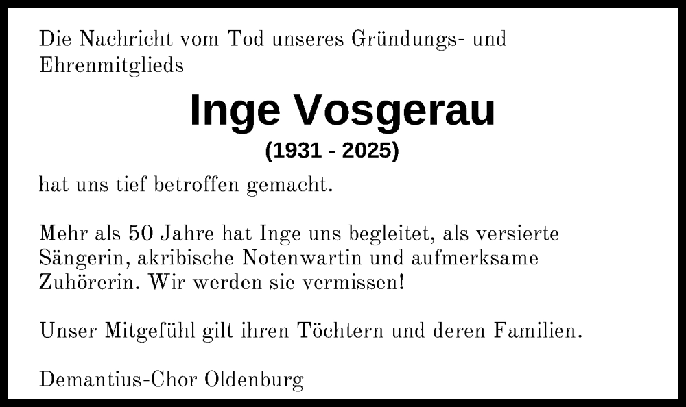  Traueranzeige für Inge Vosgerau vom 11.10.2025 aus Nordwest-Zeitung