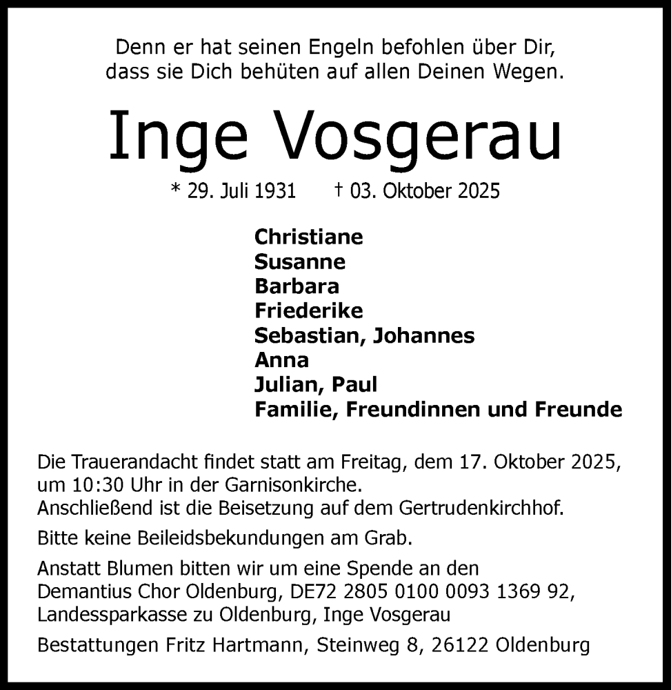  Traueranzeige für Inge Vosgerau vom 11.10.2025 aus Nordwest-Zeitung