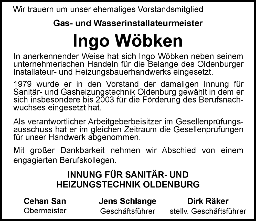  Traueranzeige für Ingo Wöbken vom 01.11.2025 aus Nordwest-Zeitung