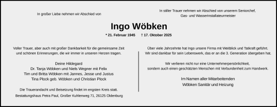 Traueranzeige von Ingo Wöbken von Nordwest-Zeitung