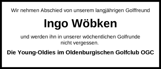 Traueranzeige von Ingo Wöbken von Nordwest-Zeitung
