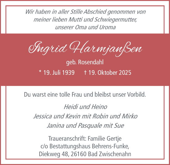 Traueranzeige von Ingrid Harmjanßen von Nordwest-Zeitung