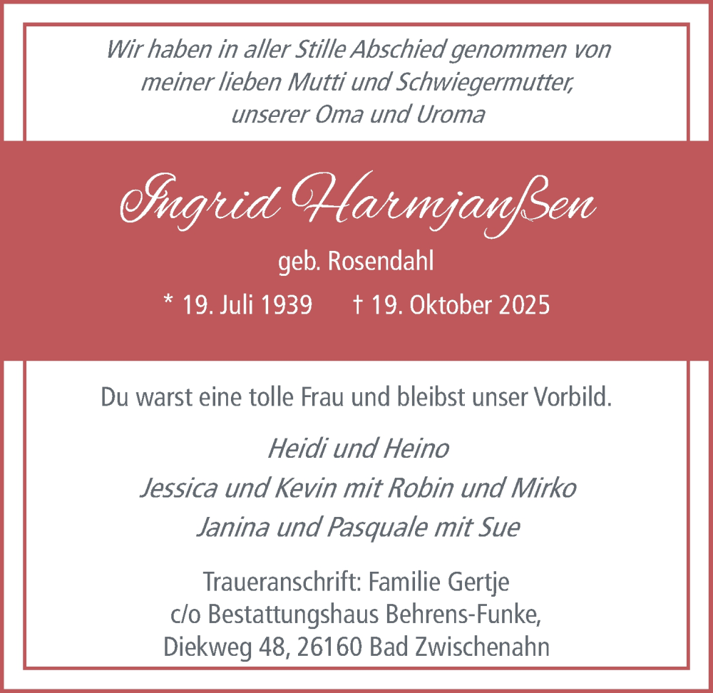  Traueranzeige für Ingrid Harmjanßen vom 01.11.2025 aus Nordwest-Zeitung