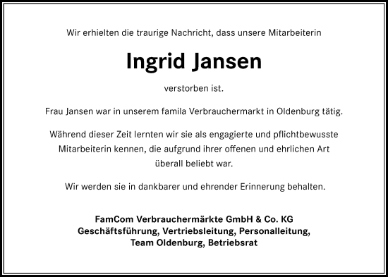 Traueranzeige von Ingrid Jansen von Nordwest-Zeitung