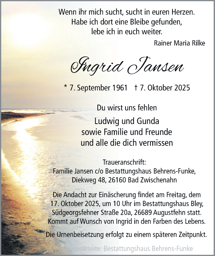  Traueranzeige für Ingrid Jansen vom 14.10.2025 aus Nordwest-Zeitung