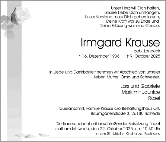 Traueranzeige von Irmgard Krause von Nordwest-Zeitung