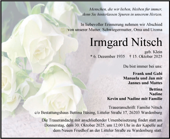 Traueranzeige von Irmgard Nitsch von Nordwest-Zeitung