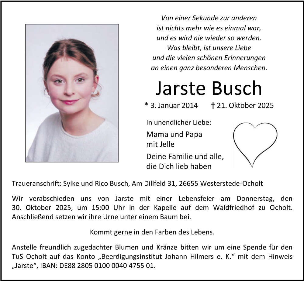  Traueranzeige für Jarste Busch vom 25.10.2025 aus Nordwest-Zeitung