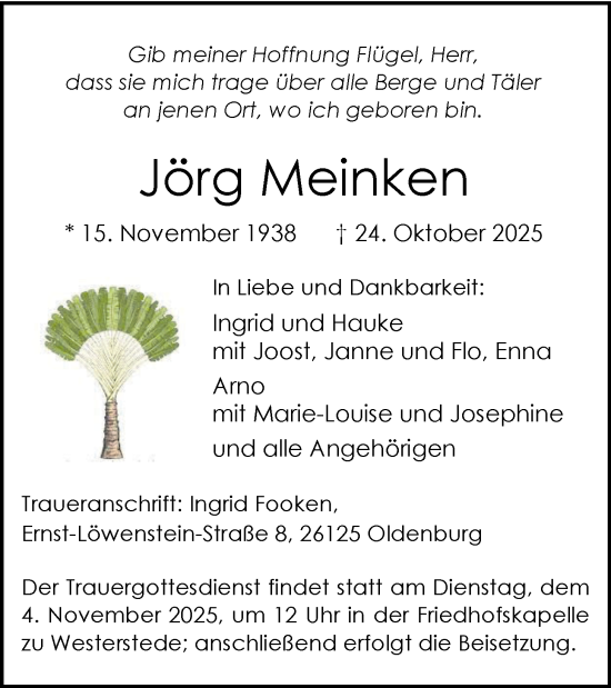 Traueranzeige von Jörg Meinken von Nordwest-Zeitung